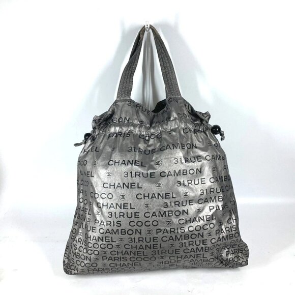 CHANEL logo Unlimited Drawstring Tote bag Shoulder Bag Nylon Silver/Black - Picture 2 of 16
